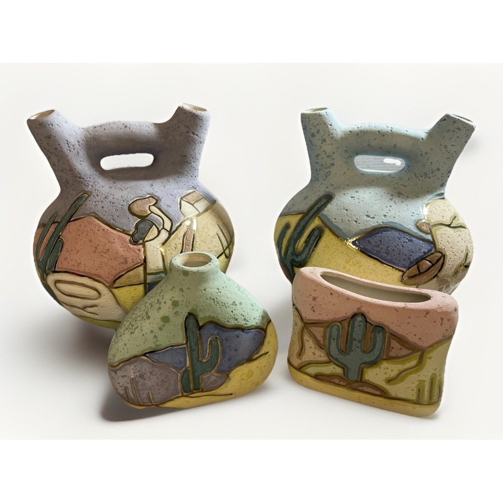 Vintage R. Gonza‎ Hand Crafted Mexican Pottery Vases Set Of 4 Signed By Artist